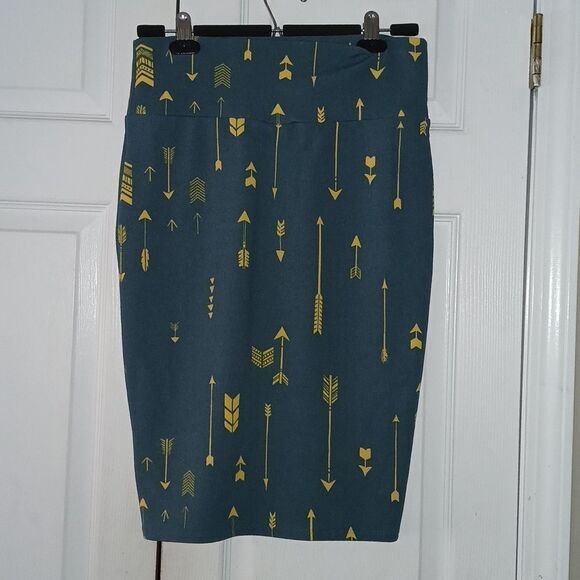 LuLaRoe Cassie Arrow Print Midi Pencil Skirt Teal & Yellow Size M NWOT - Picture 4 of 5